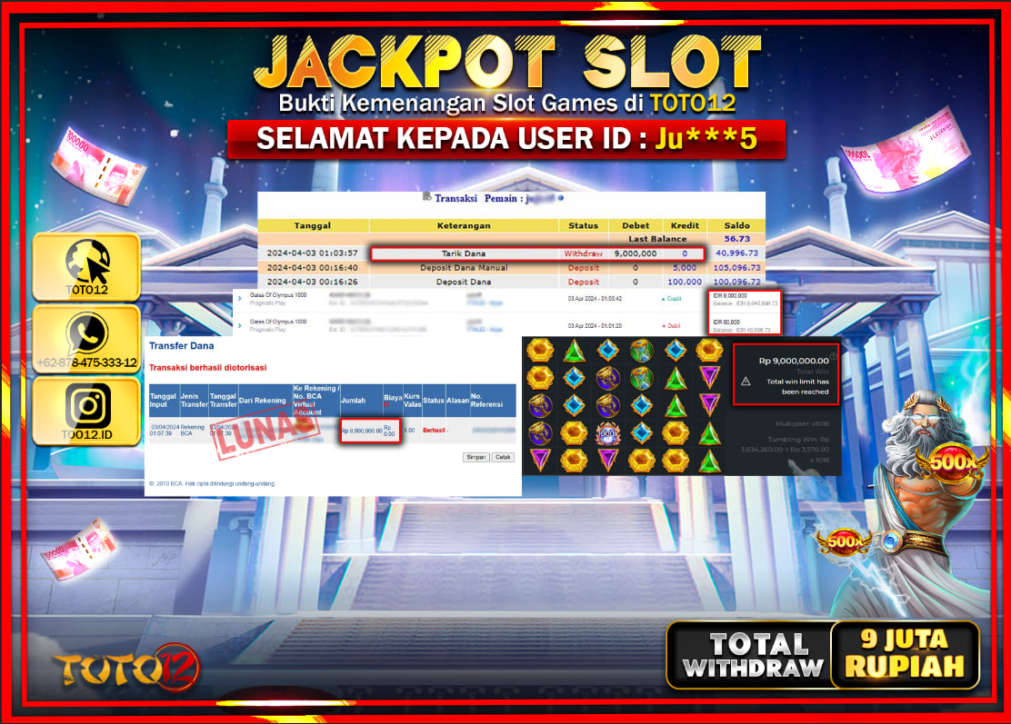 HANYA DI TOTO12 JP PASTI DI BAYAR LUNAS DAN CEPAT!!!!!! JACKPOT SLOT GAME ( GATES OF OYLMPUS 1000 ) Rp.9.000.000 !!!!
