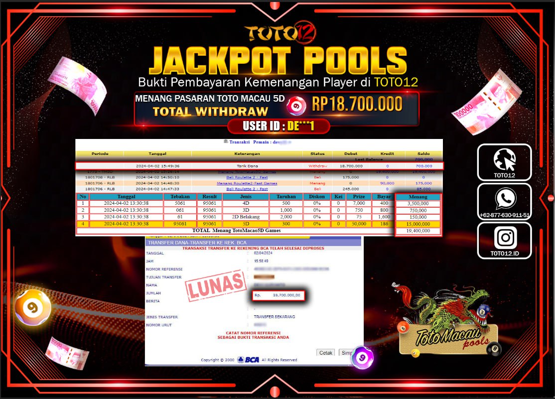 HANYA DI TOTO12 JP PASTI DI BAYAR LUNAS DAN CEPAT!!!!!! JACKPOT POOLS MENANG PASARAN ( TOTO MACAU ) Rp.18.700.000 !!!!