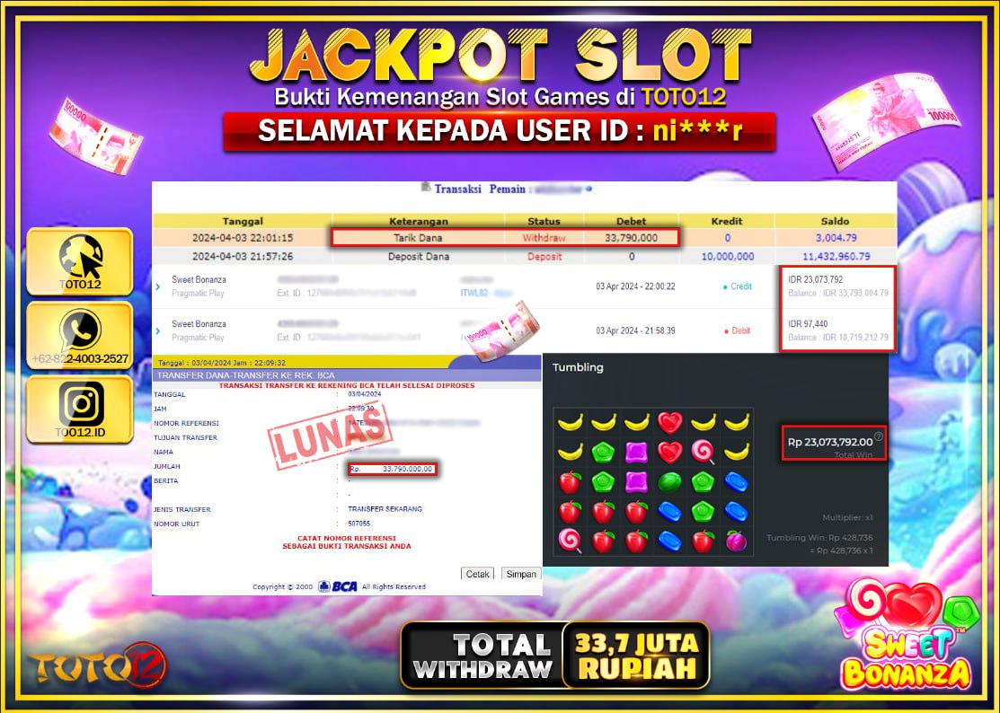 HANYA DI TOTO12 JP PASTI DI BAYAR LUNAS DAN CEPAT!!!!!! JACKPOT SLOT GAME ( SWEET BONANZA ) Rp.33.790.000 !!!!