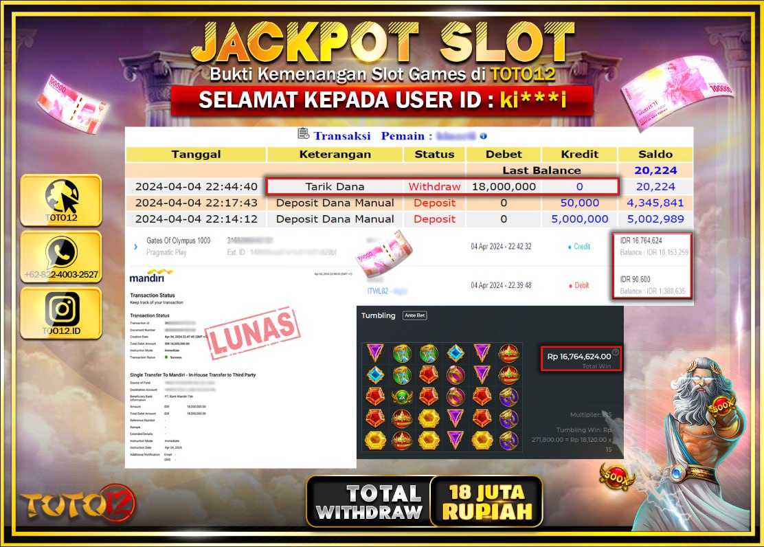 HANYA DI TOTO12 JP PASTI DI BAYAR LUNAS DAN CEPAT!!!!!! JACKPOT SLOT GAME ( GATES OF OYLMPUS 1000 ) Rp.18.000.000 !!!!