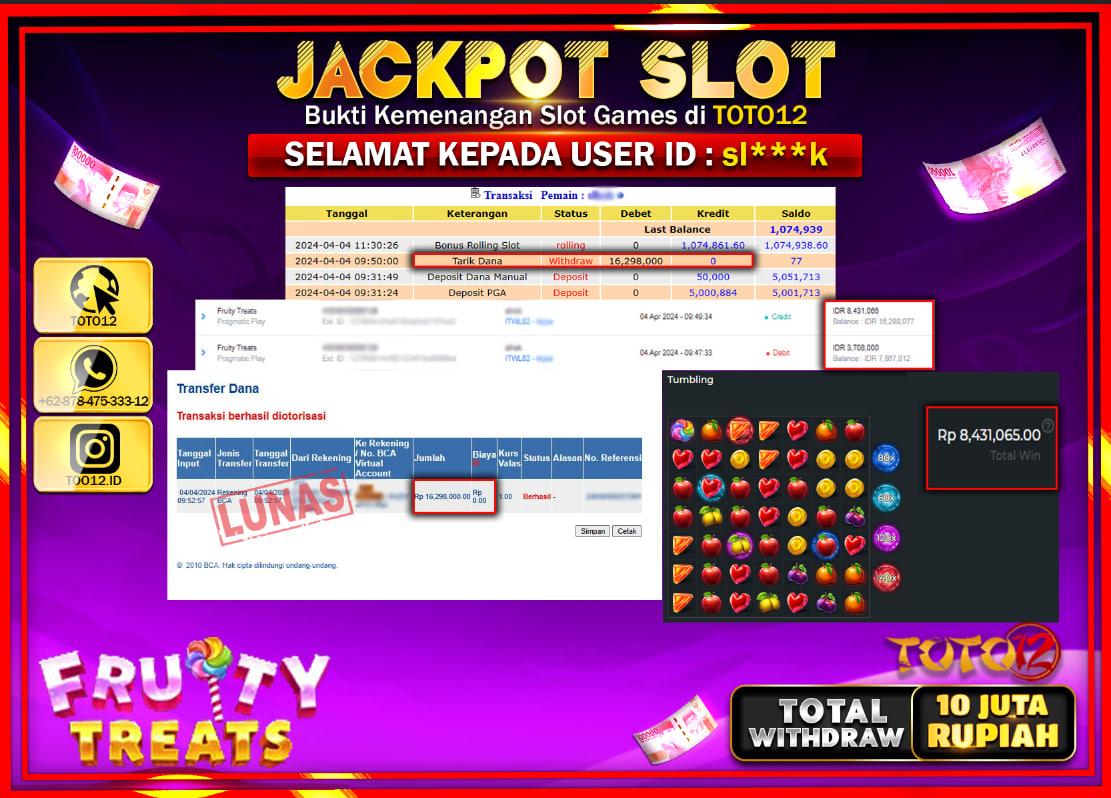 HANYA DI TOTO12 JP PASTI DI BAYAR LUNAS DAN CEPAT!!!!!! JACKPOT SLOT GAME ( FRUITY TREATS ) Rp.16.298.000 !!!!