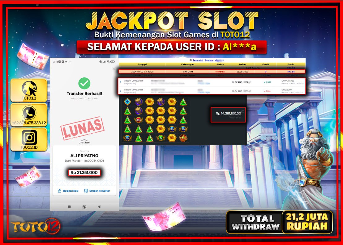 HANYA DI TOTO12 JP PASTI DI BAYAR LUNAS DAN CEPAT!!!!!! JACKPOT SLOT GAME ( GATES OF OYLMPUS 1000 ) Rp.21.251.000 !!!!
