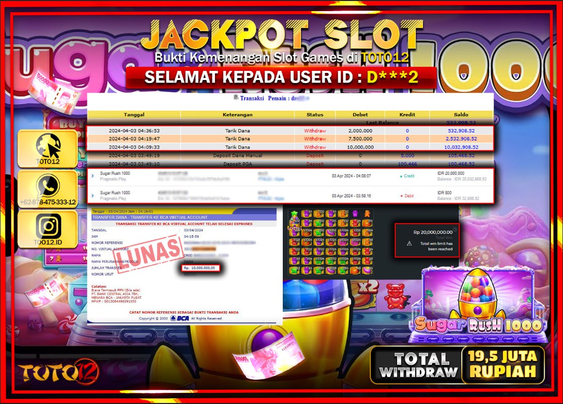 HANYA DI TOTO12 JP PASTI DI BAYAR LUNAS DAN CEPAT!!!!!! JACKPOT SLOT GAME ( SUGAR RUSH 1000 ) Rp.19.500.000 !!!!