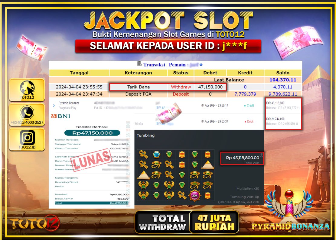 HANYA DI TOTO12 JP PASTI DI BAYAR LUNAS DAN CEPAT!!!!!! JACKPOT SLOT GAME ( PYRAMID BONANZA ) Rp.47.000.000 !!!!