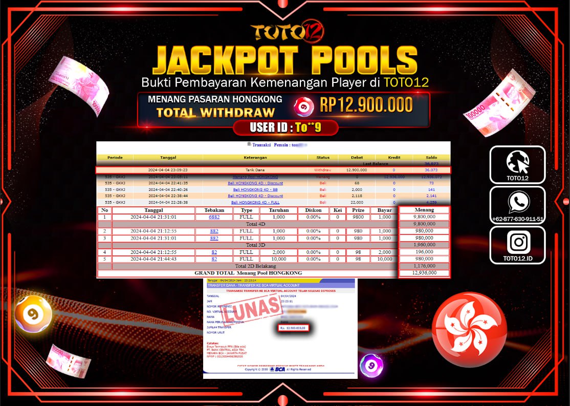 HANYA DI TOTO12 JP PASTI DI BAYAR LUNAS DAN CEPAT!!!!!! JACKPOT POOLS MENANG PASARAN ( HONGKONG ) Rp.12.900.000 !!!!