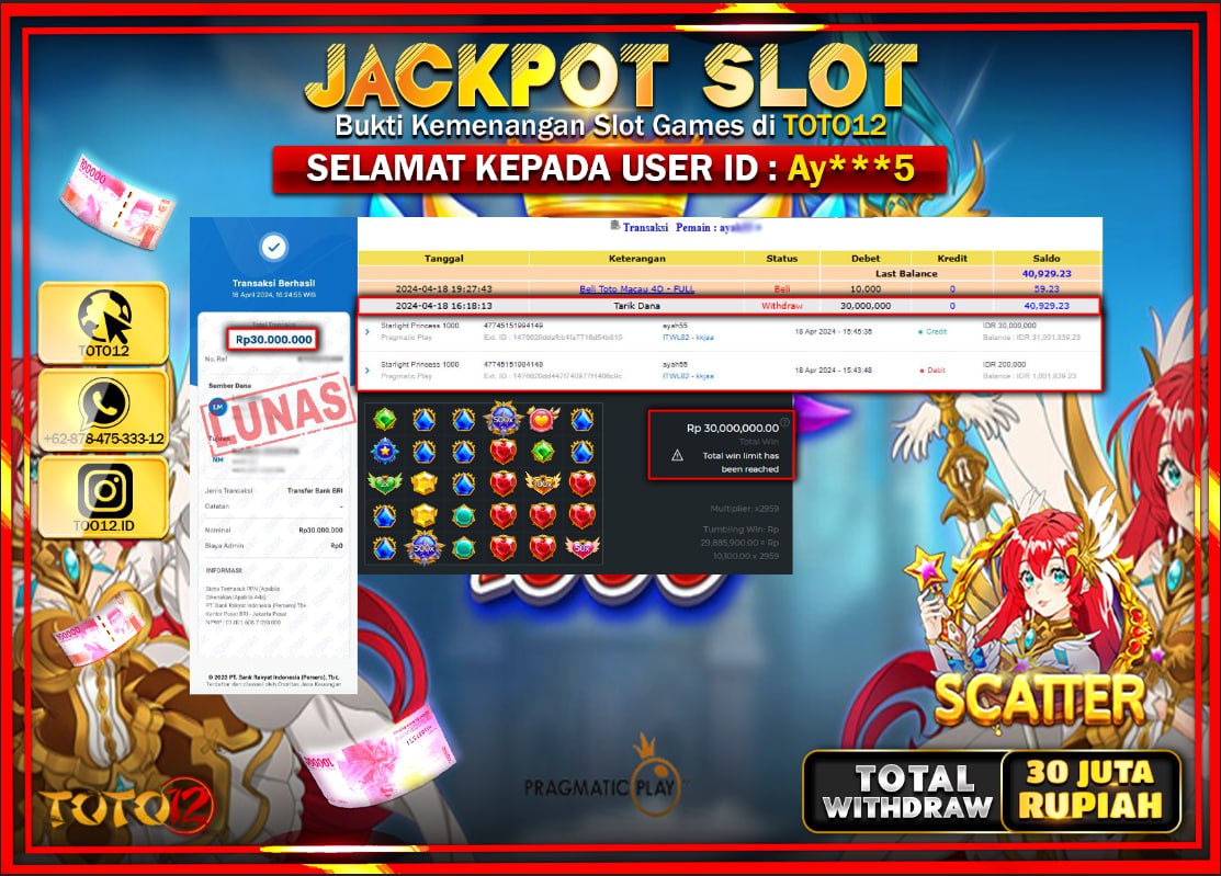 HANYA DI TOTO12 JP PASTI DI BAYAR LUNAS DAN CEPAT!!!!!! JACKPOT SLOT GAME ( STARLIGHT PRINCES 1000 ) Rp.30.000.000 !!!!
