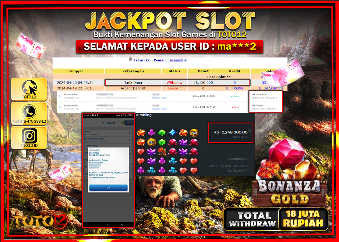 HANYA DI TOTO12 JP PASTI DI BAYAR LUNAS DAN CEPAT!!!!!! JACKPOT SLOT GAME ( BONANZA GOLD ) Rp.18.150.000 !!!!