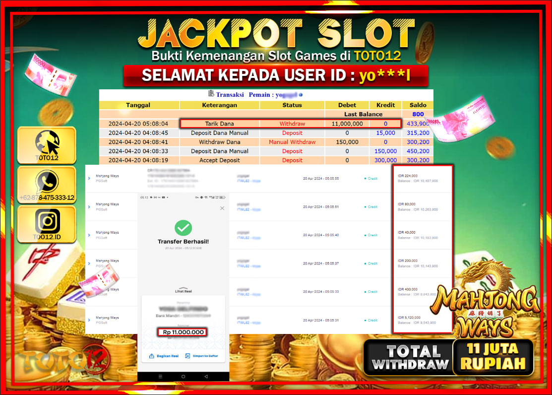 HANYA DI TOTO12 JP PASTI DI BAYAR LUNAS DAN CEPAT!!!!!! JACKPOT SLOT GAME ( MAHJONG WAYS ) Rp.11.000.000 !!!!