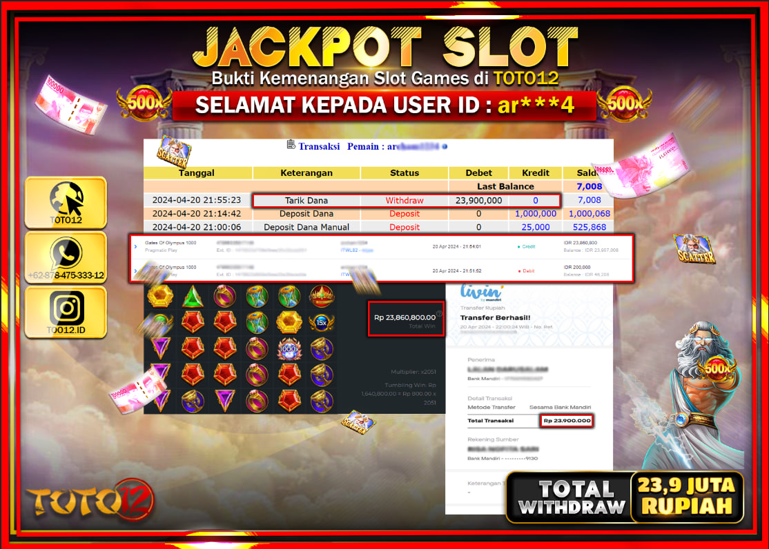 HANYA DI TOTO12 JP PASTI DI BAYAR LUNAS DAN CEPAT!!!!!! JACKPOT SLOT GAME ( GATES OF OLYMPUS 1000 ) Rp.23.900.000 !!!!