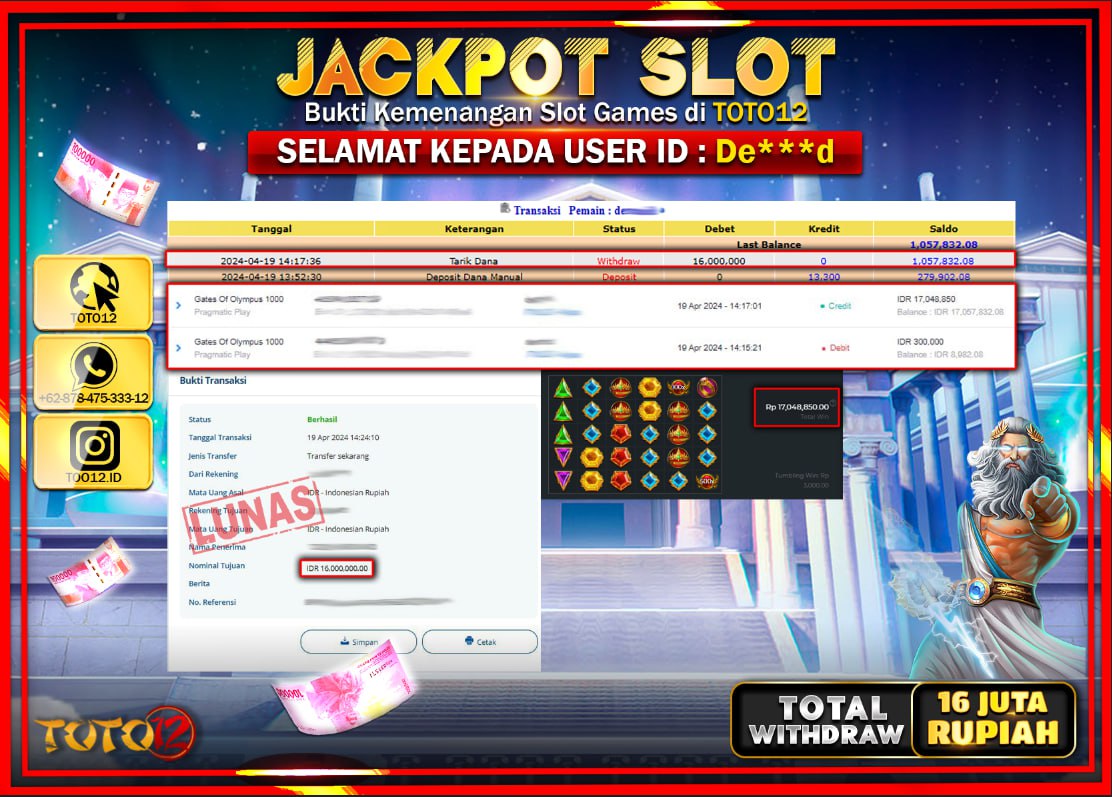 HANYA DI TOTO12 JP PASTI DI BAYAR LUNAS DAN CEPAT!!!!!! JACKPOT SLOT GAME ( GATES OF OLYMPUS 1000 ) Rp.16.000.000 !!!!