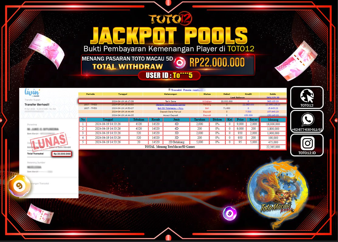 HANYA DI TOTO12 JP PASTI DI BAYAR LUNAS DAN CEPAT!!!!!! JACKPOT POOLS MENANG PASARAN ( TOTO MACAU ) Rp.22.000.000 !!!!