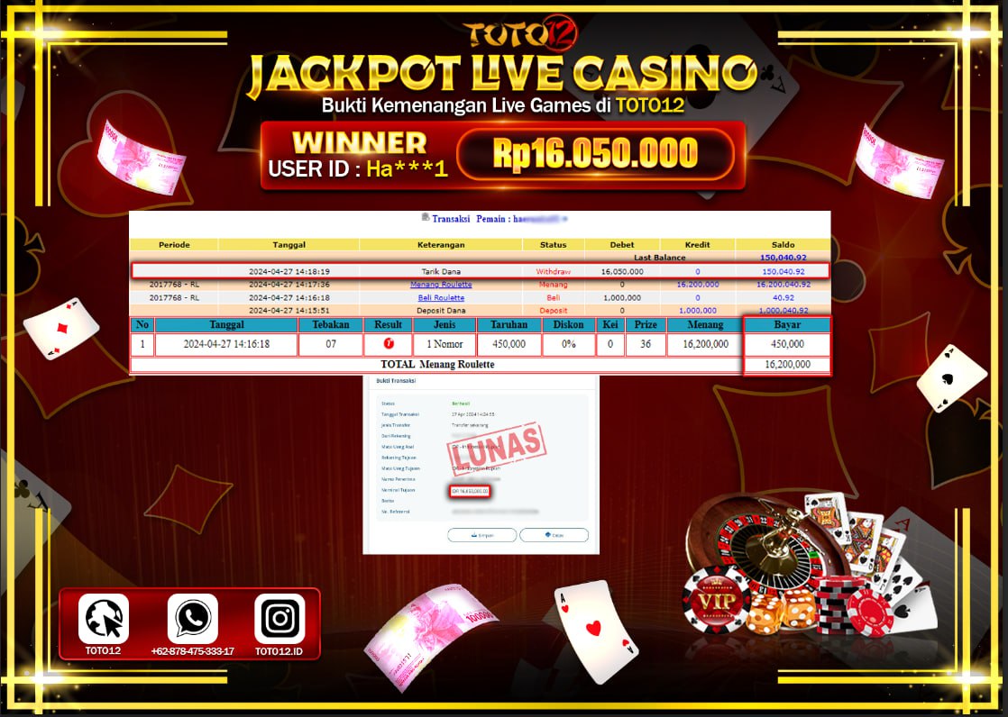 HANYA DI TOTO12 JP PASTI DI BAYAR LUNAS DAN CEPAT!!!!!! JACKPOT LIVE CASINO GAME ( ROULETTE ) Rp.16.050.000 !!!!
