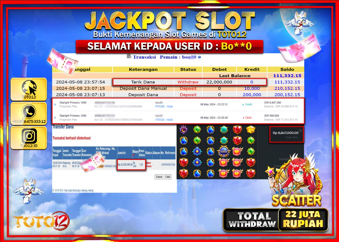 HANYA DI TOTO12 JP PASTI DI BAYAR LUNAS DAN CEPAT!!!!!! JACKPOT SLOT GAME ( STARLIGHT PRINCESS 1000 ) Rp.22.000.000 !!!!