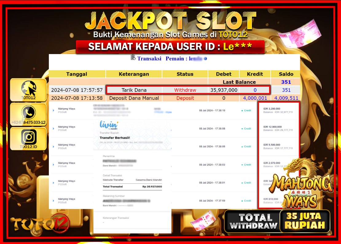 HANYA DI TOTO12 JP PASTI DI BAYAR LUNAS DAN CEPAT!!!!!! JACKPOT SLOT GAME ( MAHJONG WAYS ) Rp.35.937.000 !!!!