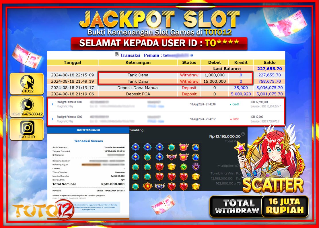 HANYA DI TOTO12 JP PASTI DI BAYAR LUNAS DAN CEPAT!!!!!! JACKPOT SLOT GAME ( STARLIGHT PRINCESS 1000  ) Rp.16.000.000 !!!!