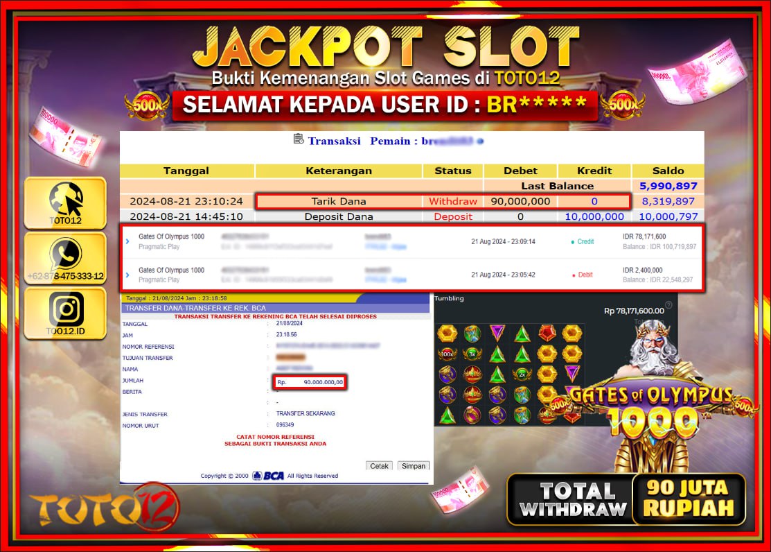 HANYA DI TOTO12 JP PASTI DI BAYAR LUNAS DAN CEPAT!!!!!! JACKPOT SLOT GAME ( GATES OF OLYMPUS 1000 ) Rp.90.000.000 !!!!