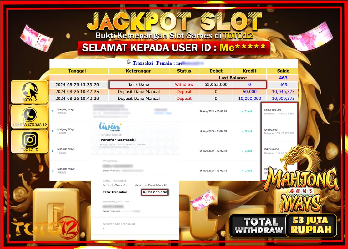 HANYA DI TOTO12 JP PASTI DI BAYAR LUNAS DAN CEPAT!!!!!! JACKPOT SLOT GAME ( MAHJONG WAYS ) Rp.53.000.000 !!!!