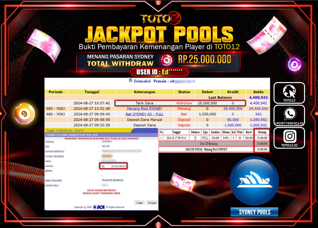 HANYA DI TOTO12 JP PASTI DI BAYAR LUNAS DAN CEPAT!!!!!! JACKPOT POOLS MENANG PASARAN ( SYDNEY) Rp.25.000.000 !!!!