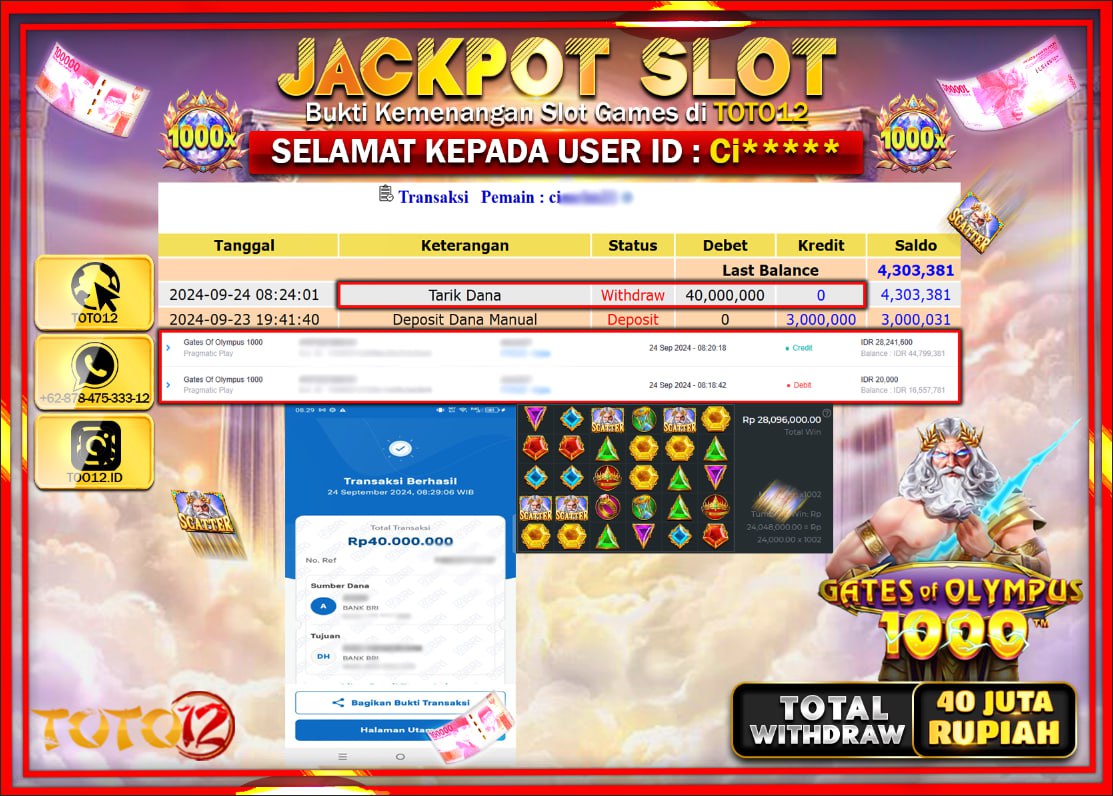 HANYA DI TOTO12 JP PASTI DI BAYAR LUNAS DAN CEPAT!!!!!! JACKPOT SLOT GAME ( GATES OF OLYMPUS 1000 ) Rp.40.000.000 !!!!