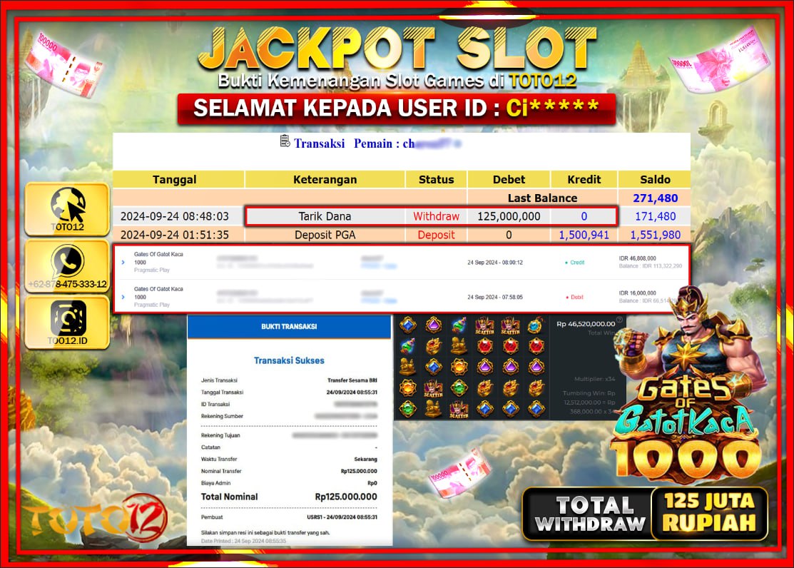 HANYA DI TOTO12 JP PASTI DI BAYAR LUNAS DAN CEPAT!!!!!! JACKPOT SLOT GAME ( GATES OF GATOTKACA 1000 ) Rp.125.000.000 !!!!