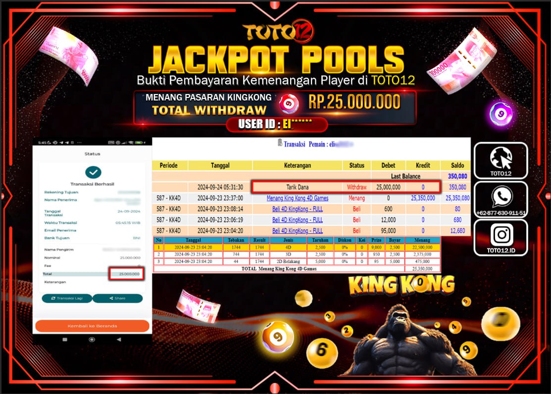 HANYA DI TOTO12 JP PASTI DI BAYAR LUNAS DAN CEPAT!!!!!! JACKPOT POOLS MENANG PASARAN ( KING KONG ) Rp.25.000.000 !!!!