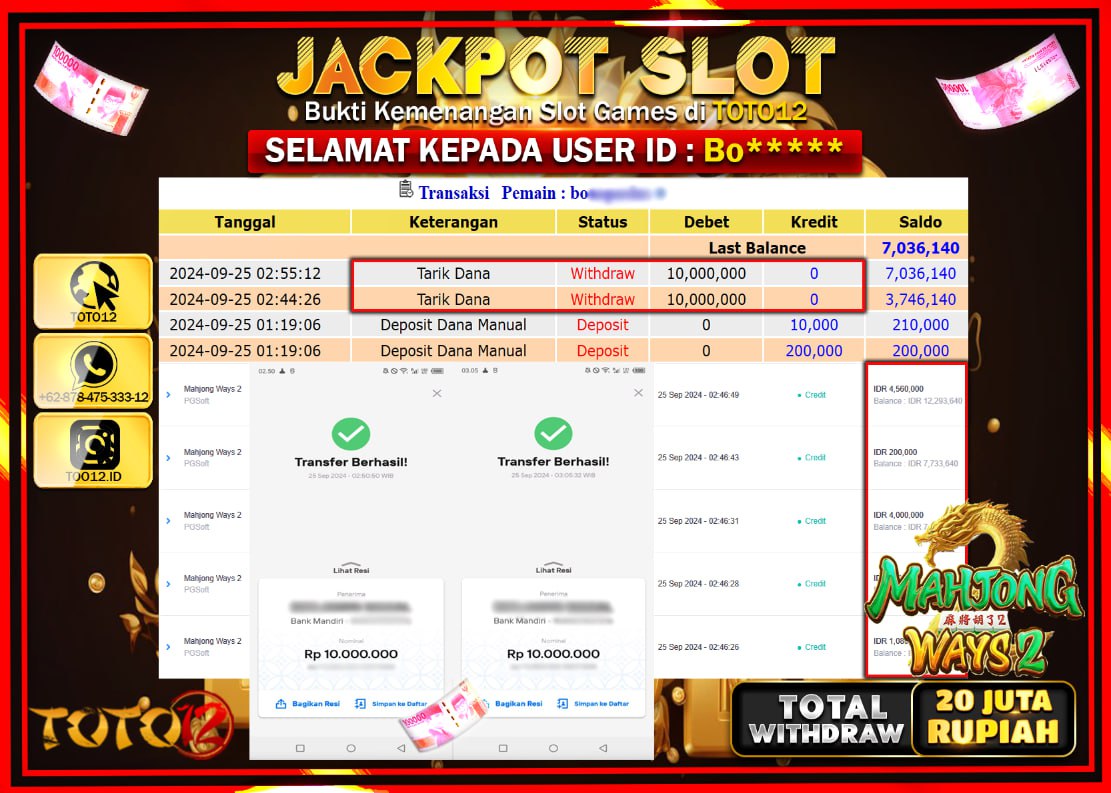 HANYA DI TOTO12 JP PASTI DI BAYAR LUNAS DAN CEPAT!!!!!! JACKPOT SLOT GAME ( MAHJONG WAYS 2 ) Rp.20.000.000 !!!!