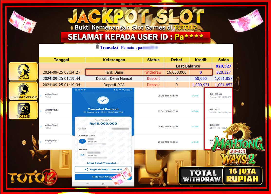 HANYA DI TOTO12 JP PASTI DI BAYAR LUNAS DAN CEPAT!!!!!! JACKPOT SLOT GAME ( MAHJONG WAYS 2 ) Rp.16.000.000 !!!!