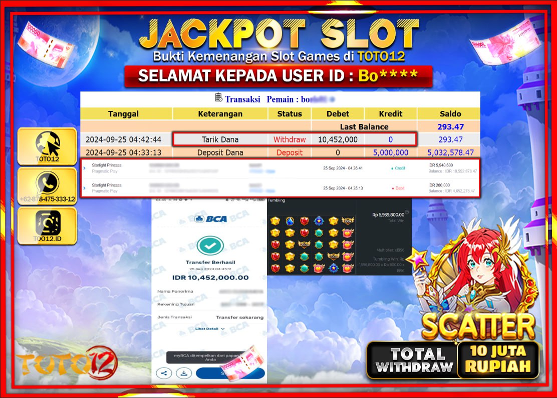 HANYA DI TOTO12 JP PASTI DI BAYAR LUNAS DAN CEPAT!!!!!! JACKPOT SLOT GAME ( STARLIGHT PRINCESS ) Rp.10.000.000 !!!!