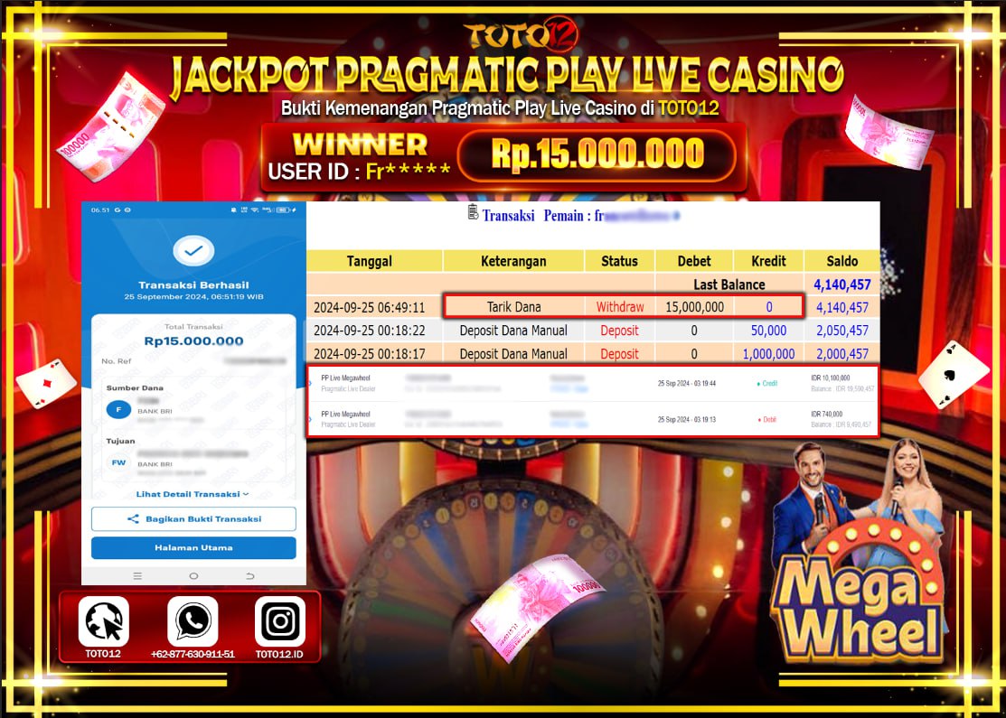 HANYA DI TOTO12 JP PASTI DI BAYAR LUNAS DAN CEPAT!!!!!! JACKPOT PRAGMATIC PLAY LIVE CASINO  ( MEGA WHEEL ) Rp.15.000.000 !!!!