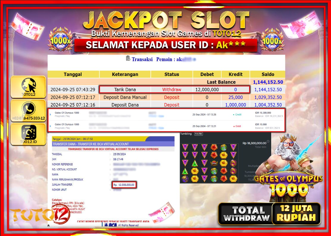 HANYA DI TOTO12 JP PASTI DI BAYAR LUNAS DAN CEPAT!!!!!! JACKPOT SLOT GAME ( GATES OF OLYMPUS 1000 ) Rp.12.000.000 !!!!